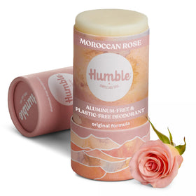 HUMBLE BRANDS front packaging showing plastic-free tube and Moroccan Rose scent benefit