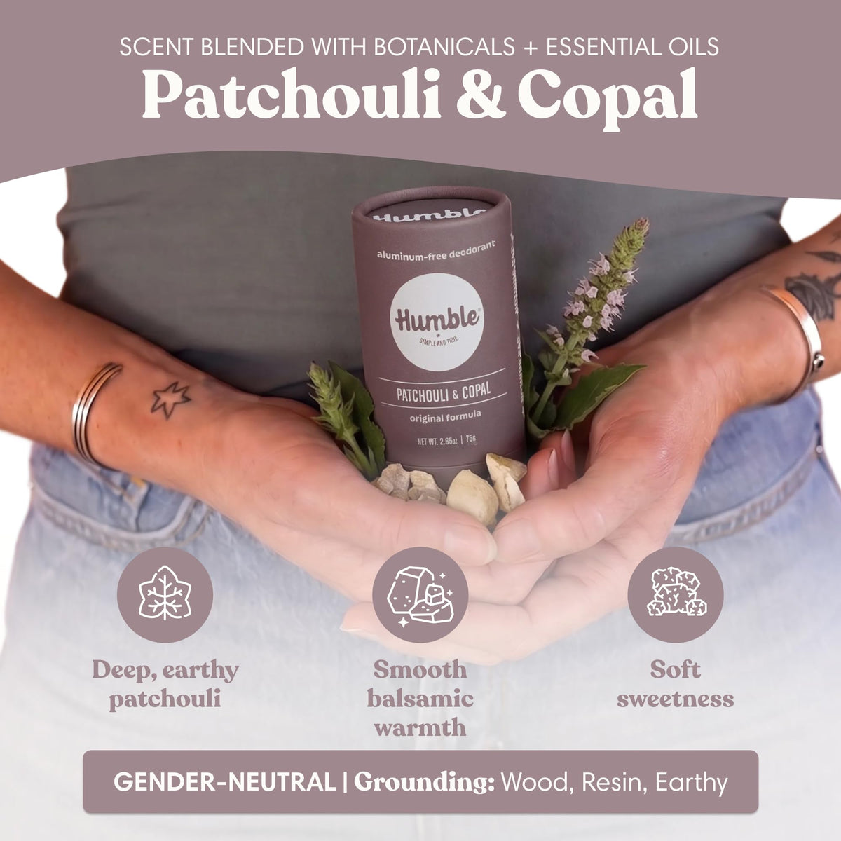 HUMBLE BRANDS paperboard package materials detail, highlighting plastic-free benefit