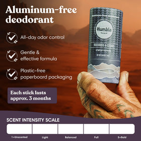 HUMBLE BRANDS deodorant stick twisted open, revealing solid balm for easy application benefit