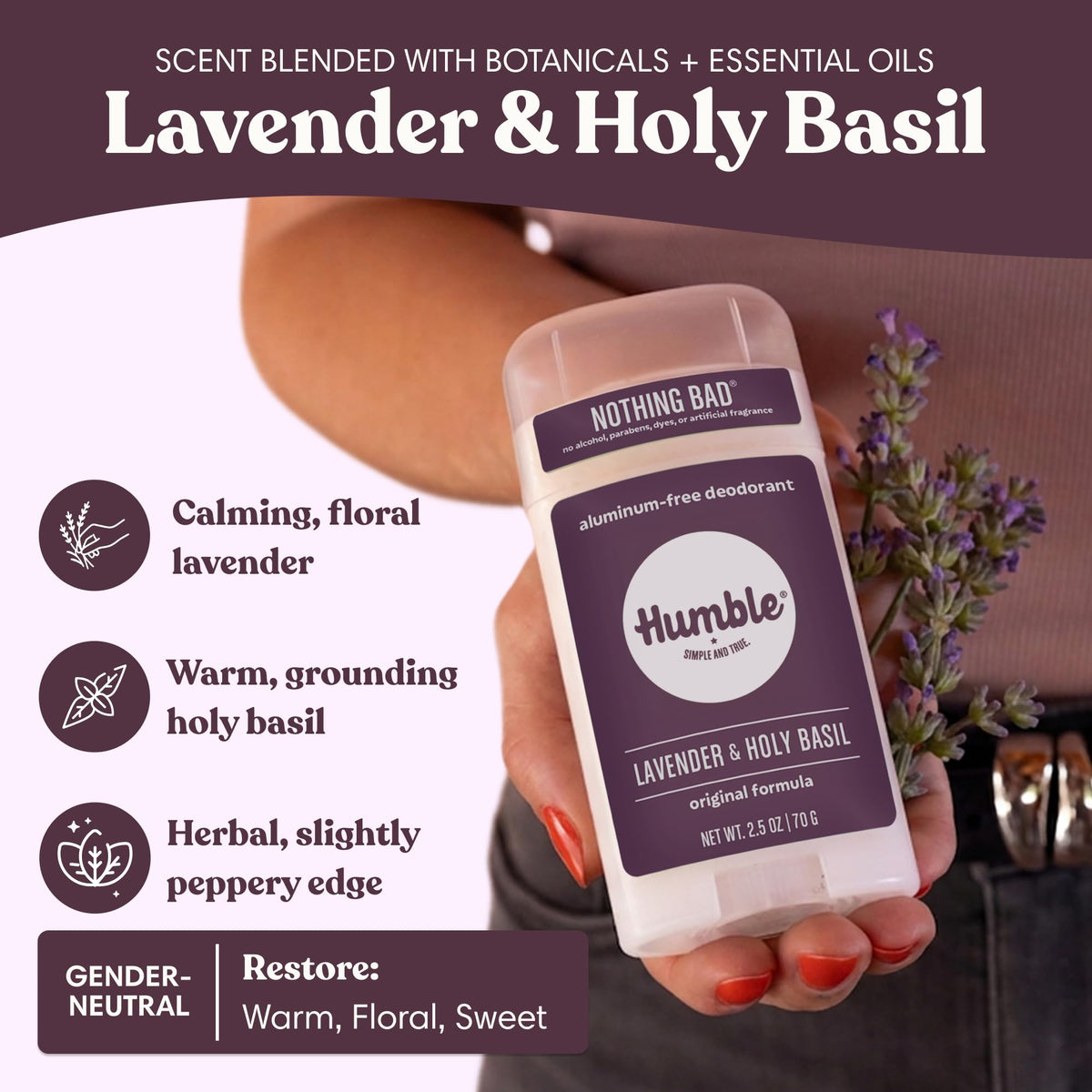 HUMBLE SIMPLE AND TRUE lavender and holy basil ingredients highlighting natural scent