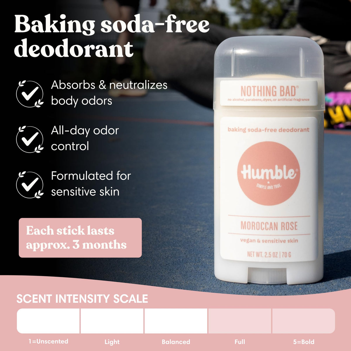 HUMBLE SIMPLE AND TRUE open deodorant stick texture close-up showing smooth glide for easy application benefit