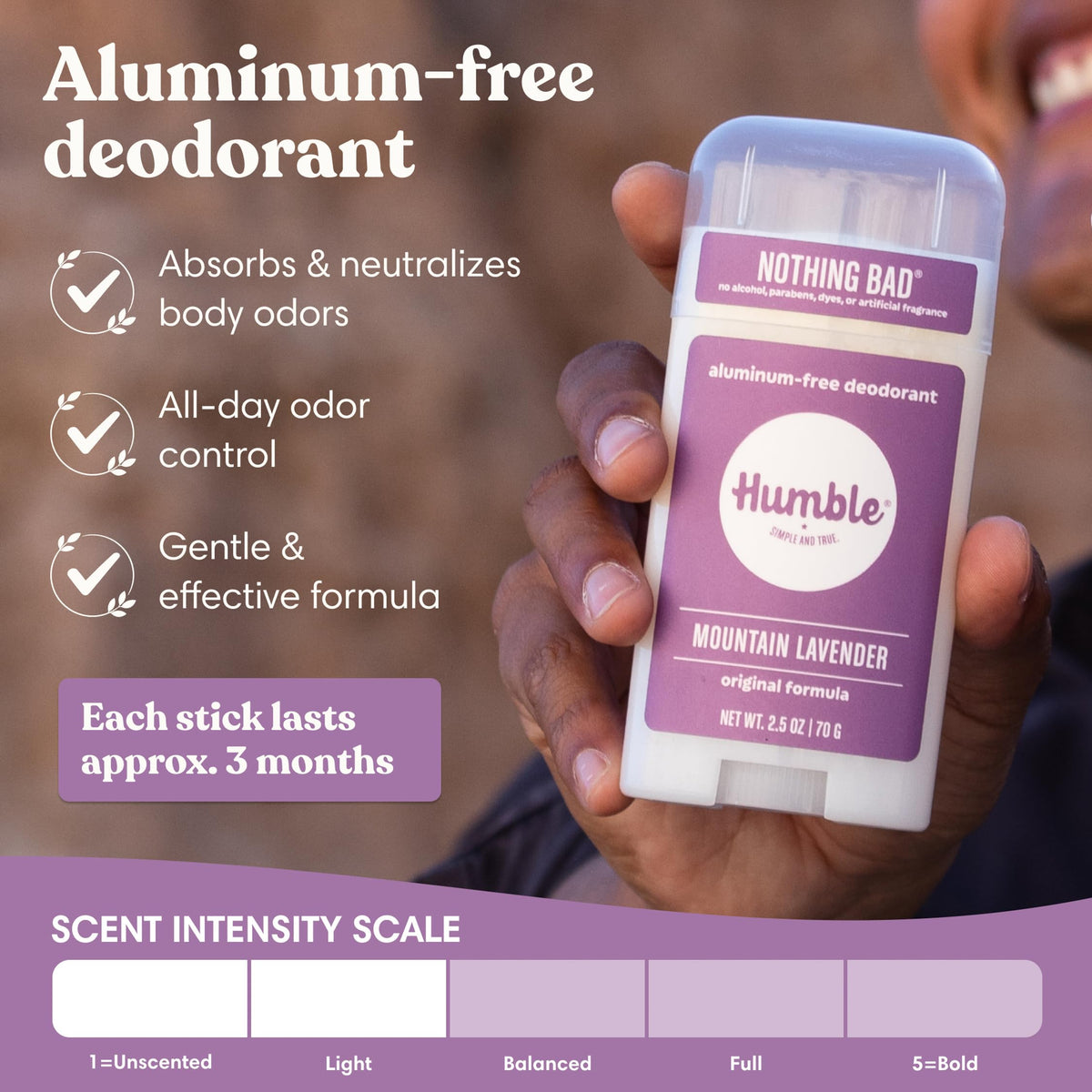 HUMBLE deodorant stick twisted up to show product ready-to-use and convenience