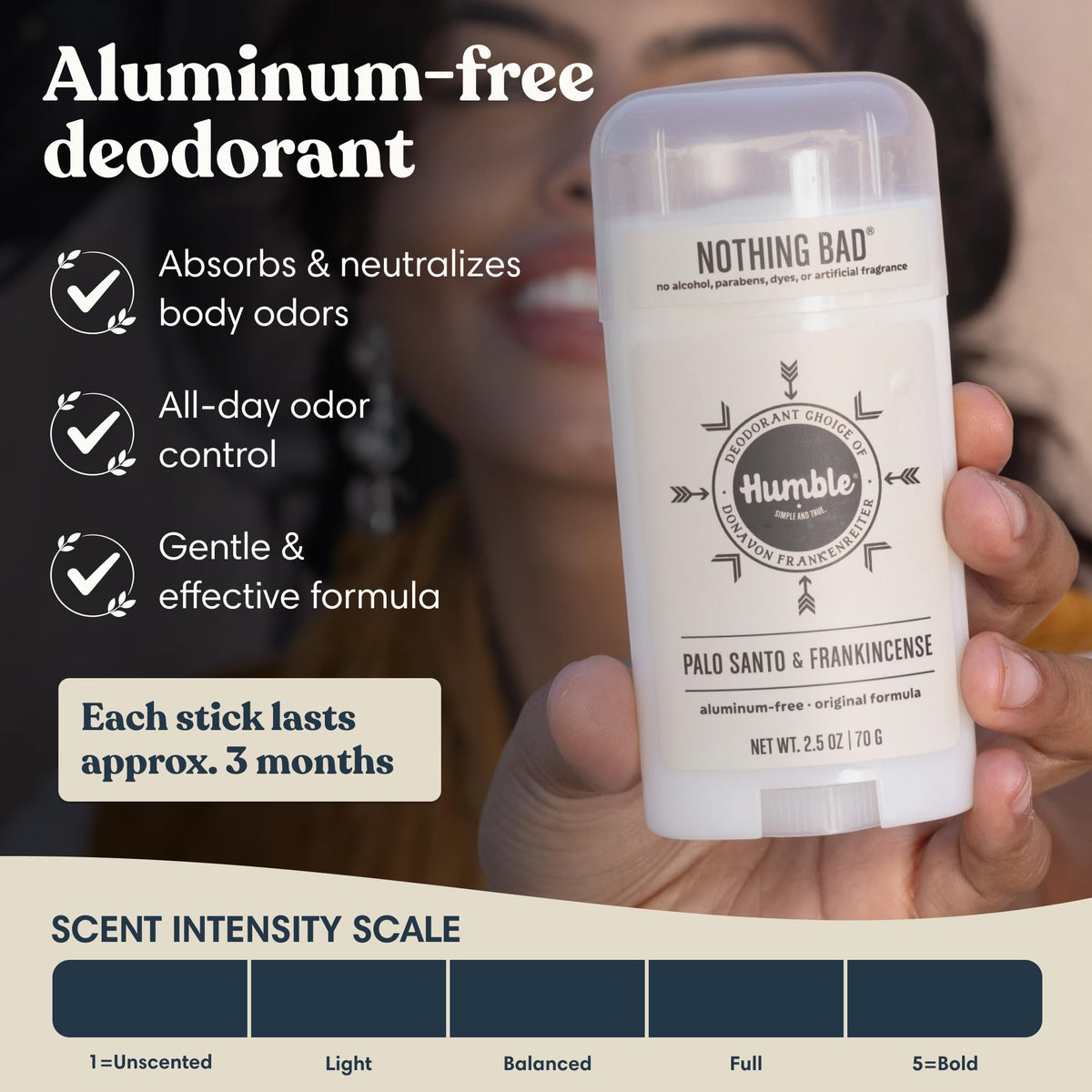 HUMBLE full-sized deodorant stick displayed for long-lasting use benefit