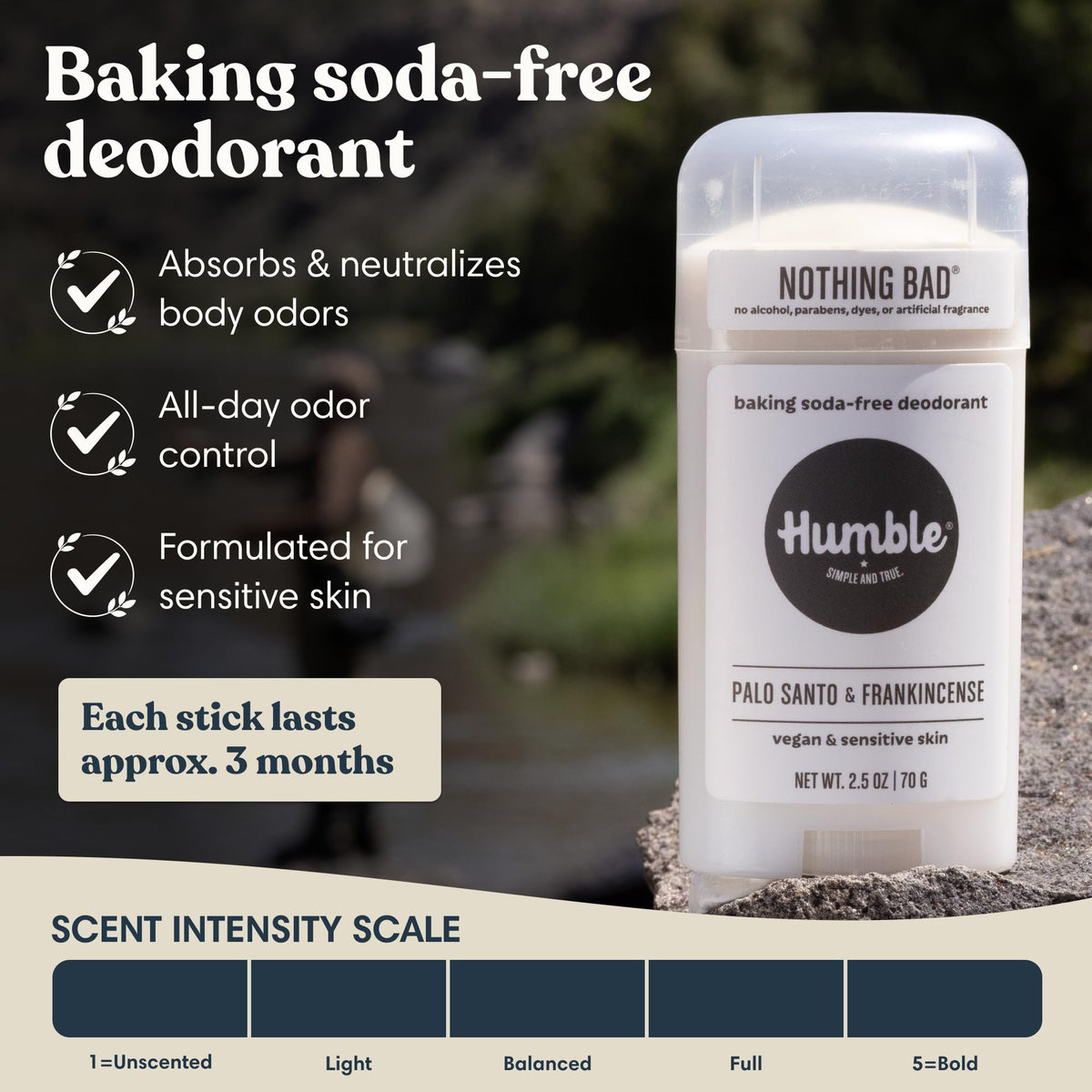 HUMBLE deodorant stick open, showing smooth glide for gentle application