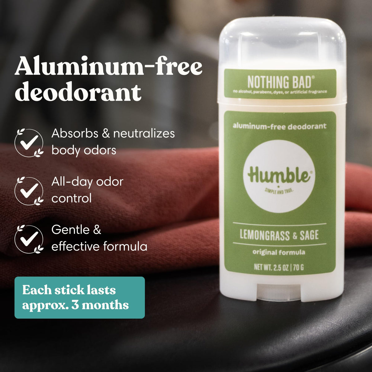HUMBLE SIMPLE AND TRUE three full-size deodorant sticks lined up to show Lemongrass Sage Moroccan Rose Rosemary Mint