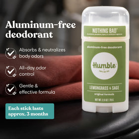 HUMBLE SIMPLE AND TRUE three full-size deodorant sticks lined up to show Lemongrass Sage Moroccan Rose Rosemary Mint