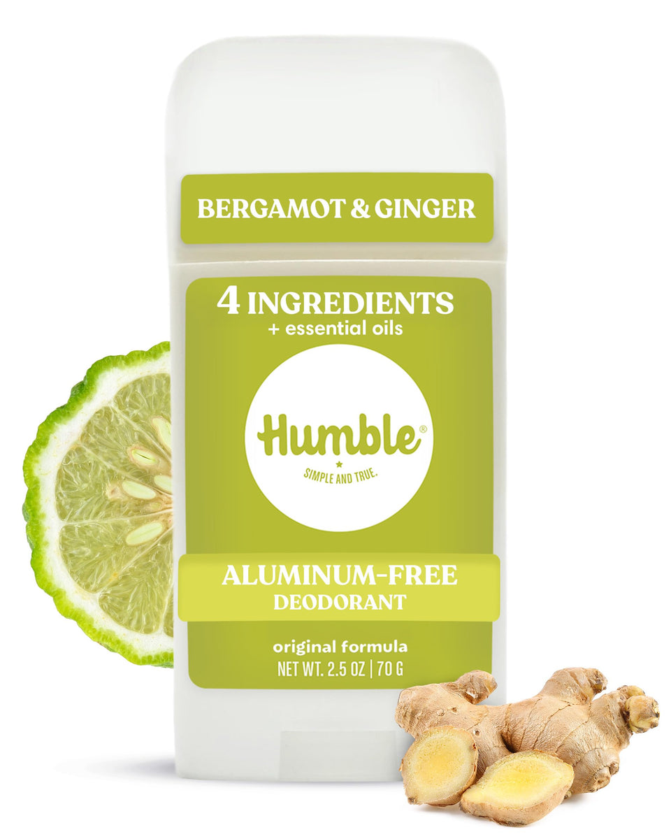 HUMBLE front packaging showing bergamot and ginger scent, clear ingredient callout and benefit