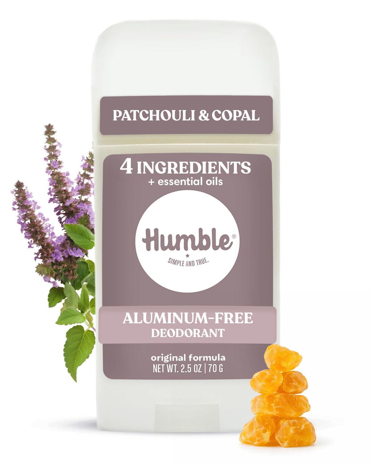 HUMBLE front packaging showing Patchouli & Copal scent and benefits
