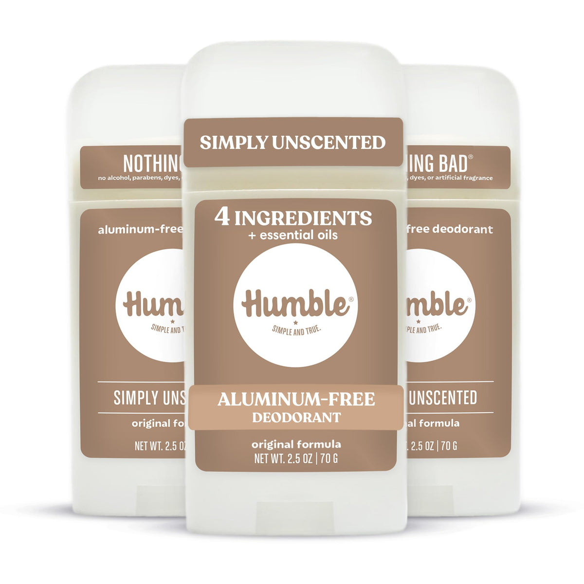 HUMBLE front packaging showing unscented deodorant benefits