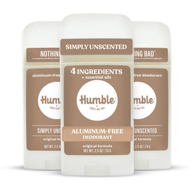 HUMBLE front packaging showing unscented deodorant benefits