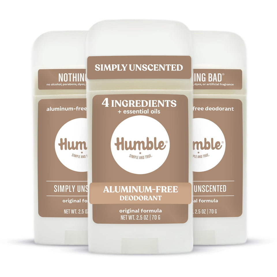 HUMBLE front packaging showing unscented deodorant benefits