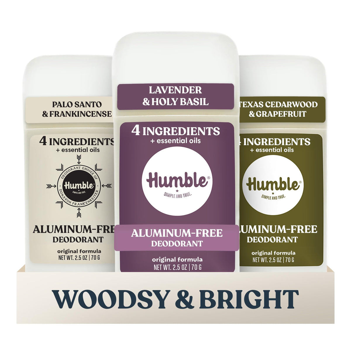 HUMBLE SIMPLE AND TRUE three-pack front packaging showing all three scents and benefits