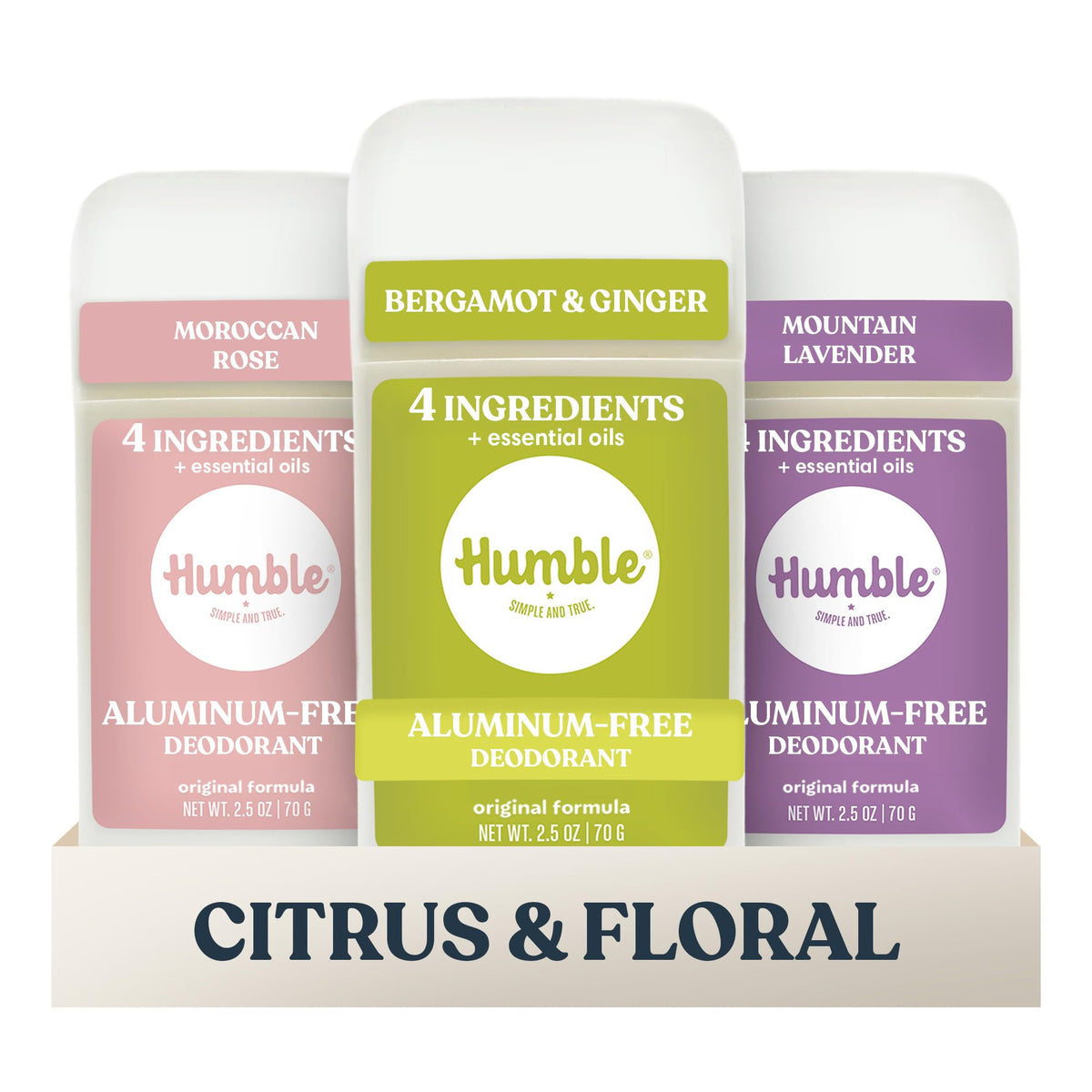 HUMBLE SIMPLE AND TRUE front packaging showing three-deodorant pack and benefits