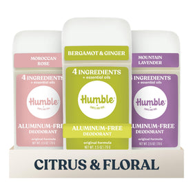 HUMBLE SIMPLE AND TRUE front packaging showing three-deodorant pack and benefits