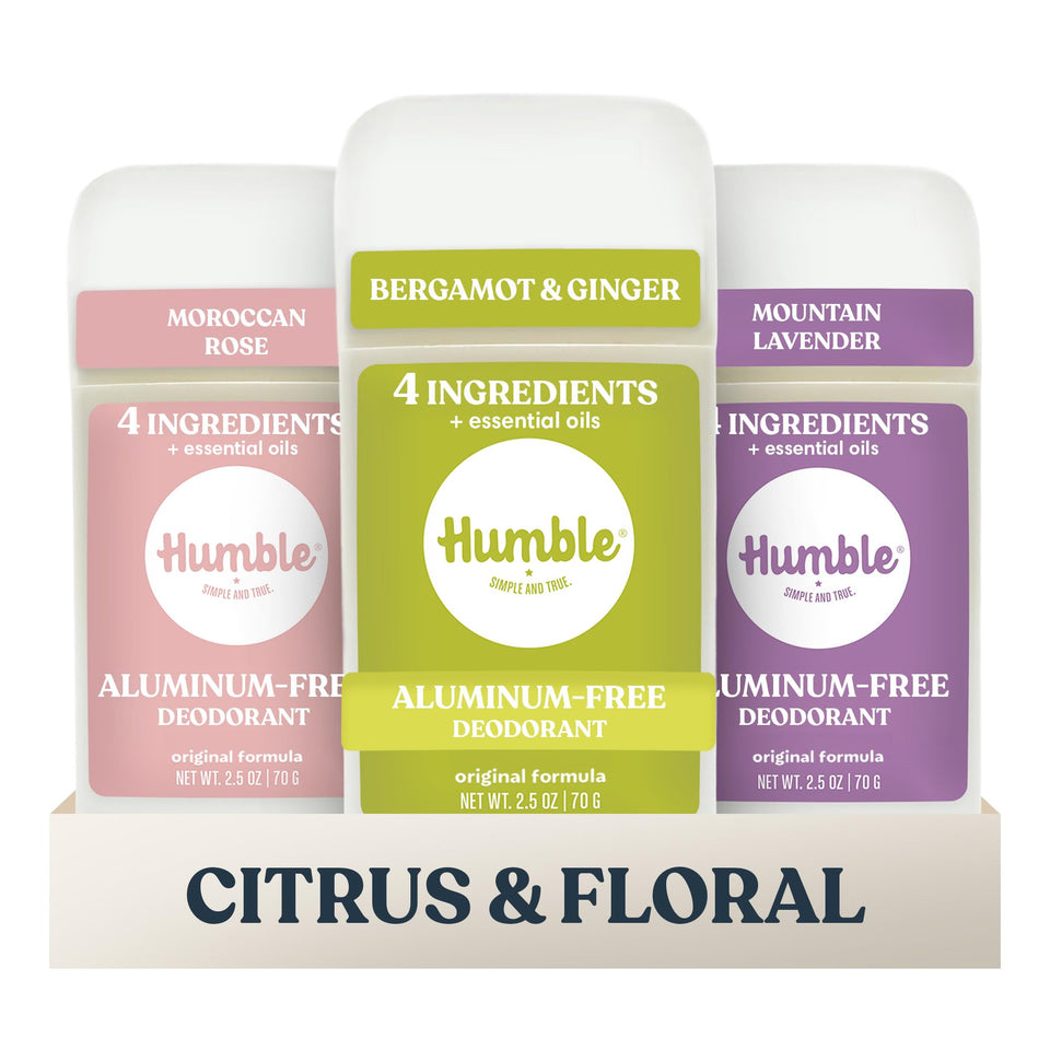 HUMBLE SIMPLE AND TRUE front packaging showing three-deodorant pack and benefits