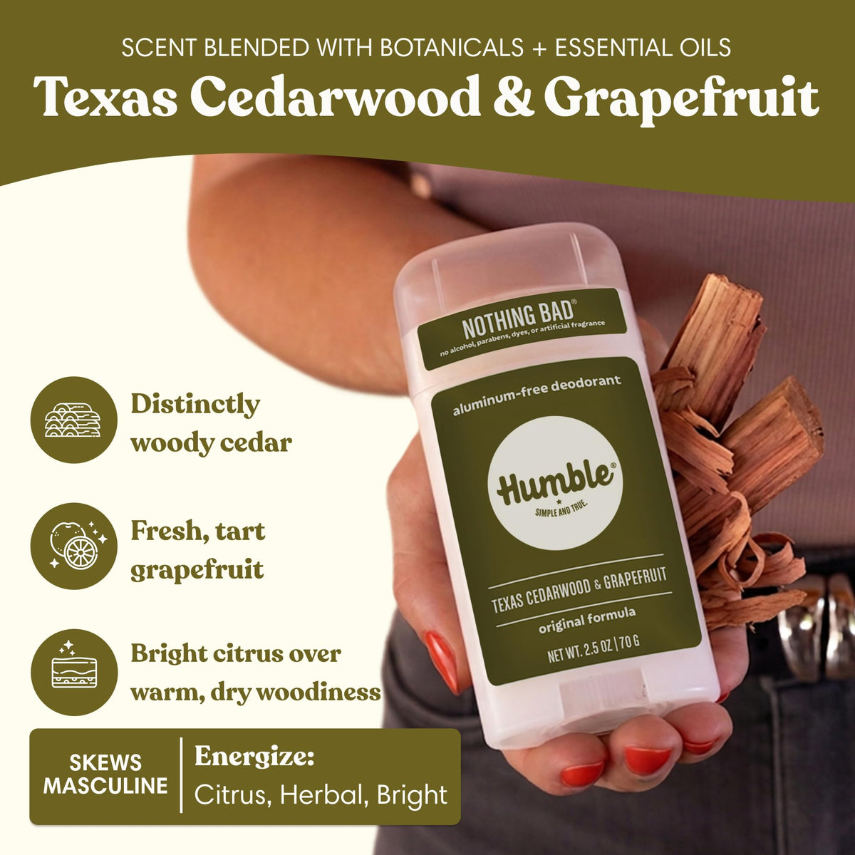 HUMBLE SIMPLE AND TRUE label close-up listing four simple ingredients for transparency