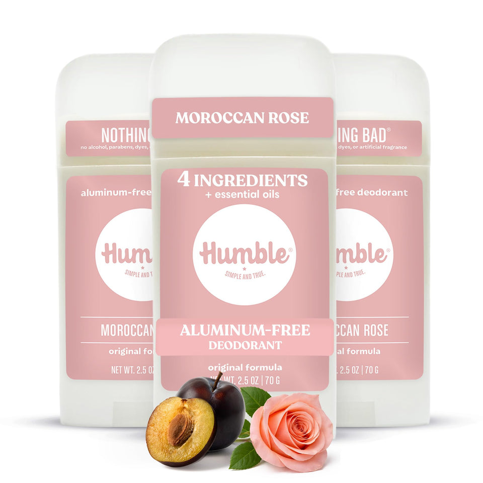HUMBLE simple and true front packaging showing Moroccan Rose three-pack, clean supply