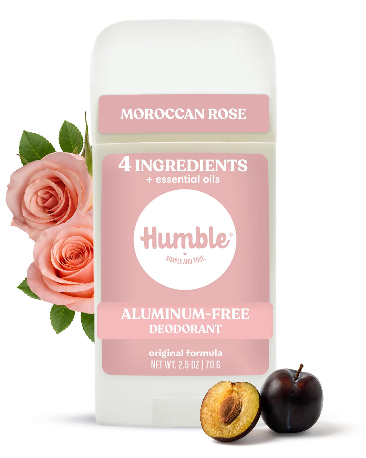 HUMBLE SIMPLE AND TRUE front packaging showing Moroccan Rose stick and benefit of natural odor control