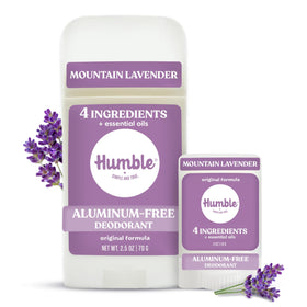 HUMBLE SIMPLE AND TRUE front view of full and travel lavender deodorant pack showing compact convenience