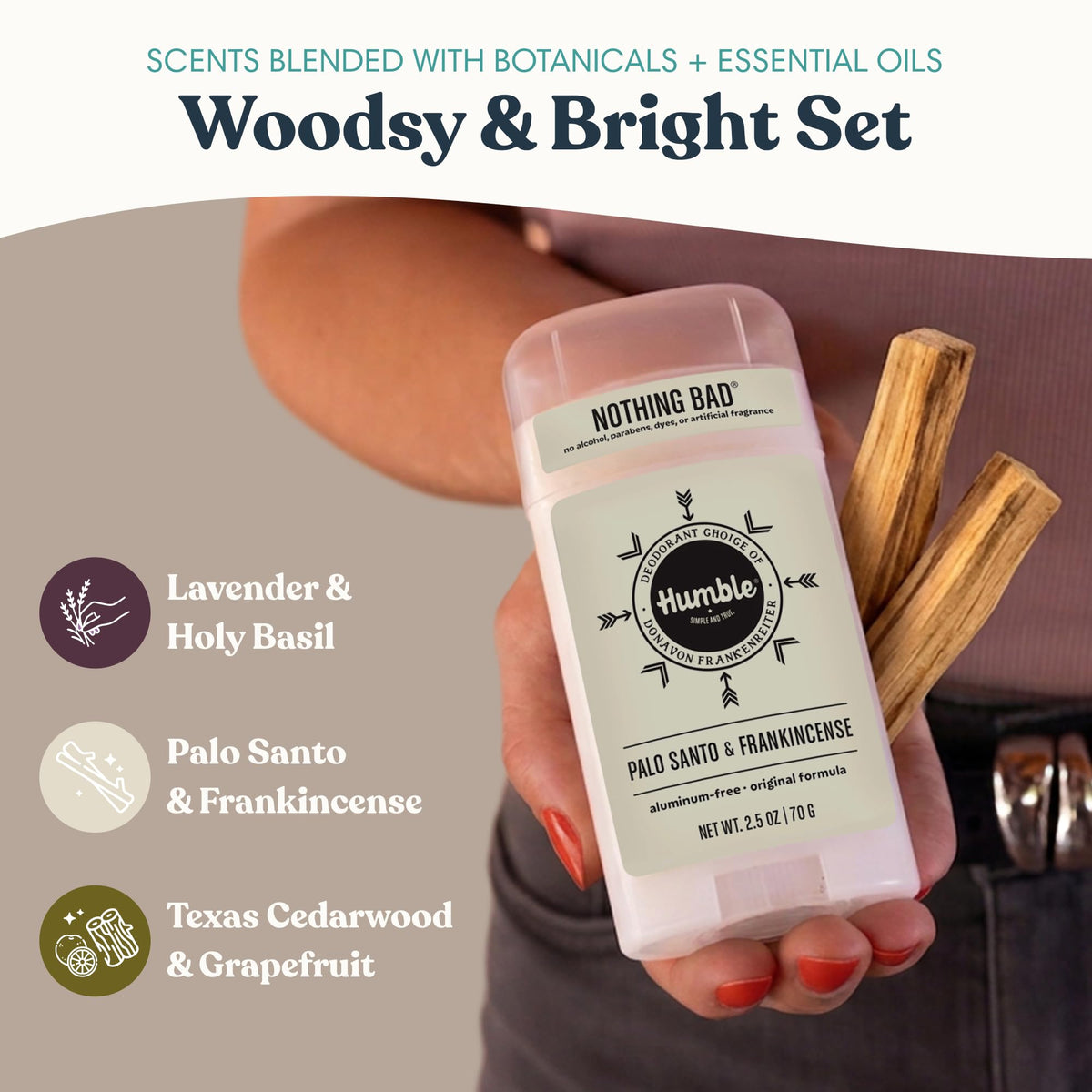 HUMBLE SIMPLE AND TRUE open deodorant stick applied to underarm demonstrating easy use