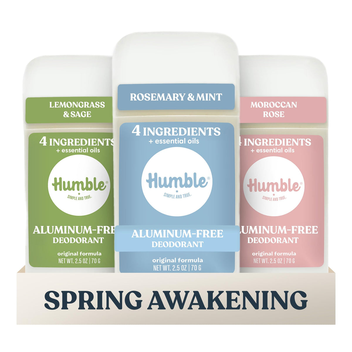 HUMBLE SIMPLE AND TRUE front packaging of Spring Awakening 3-pack showing fresh design and scent names
