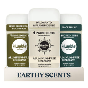 HUMBLE pack front view showing three natural deodorant sticks and branding benefits