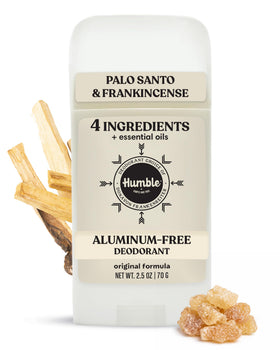 HUMBLE front packaging showing palo santo frankincense scent and clean ingredients benefit