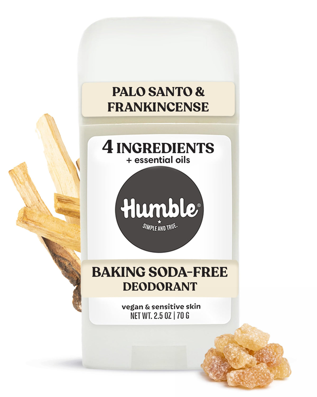 HUMBLE Palo Santo & Frankincense front packaging showing scent and size benefits