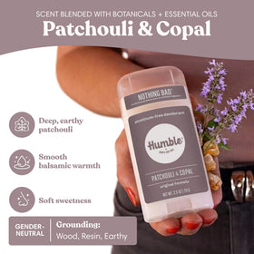 HUMBLE deodorant held in hand to show compact 2.5 oz size