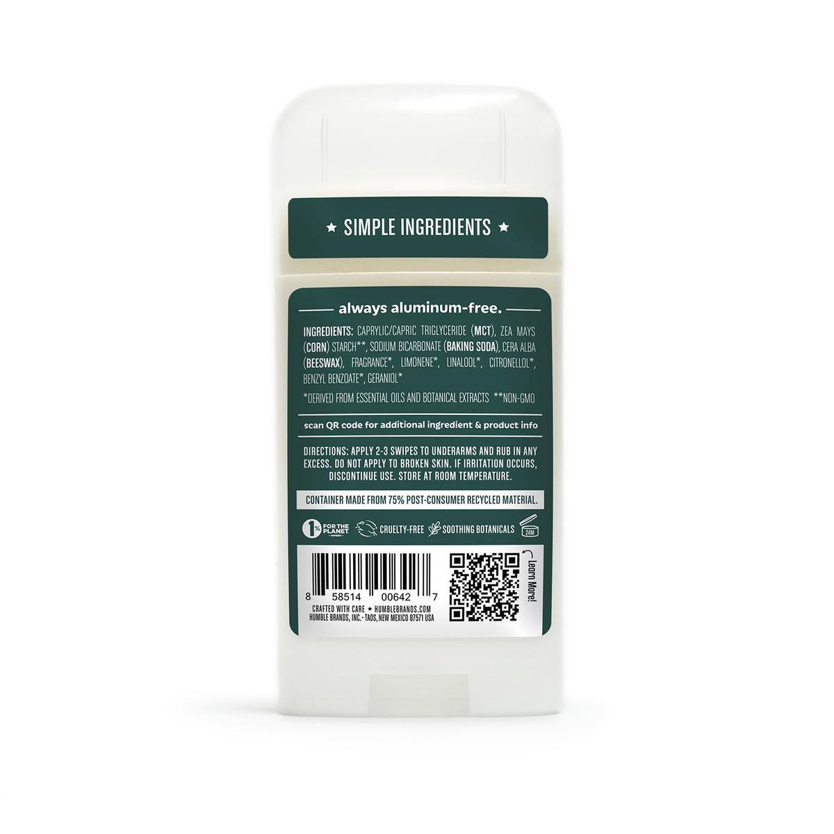 HUMBLE deodorant next to a smartphone showing compact size and travel convenience