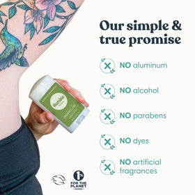 HUMBLE deodorant in hand showing 2.5 oz size and travel-friendly benefit
