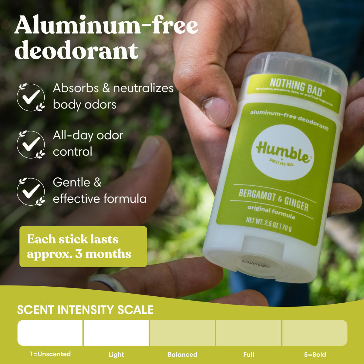 HUMBLE close-up of deodorant stick texture, smooth glide for comfortable application