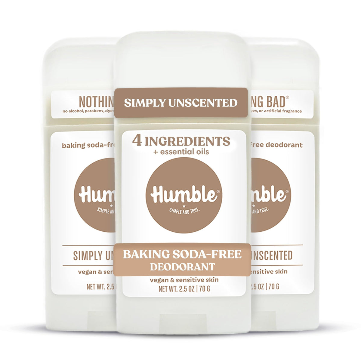 HUMBLE unscented front packaging showing clean deodorant branding and benefits