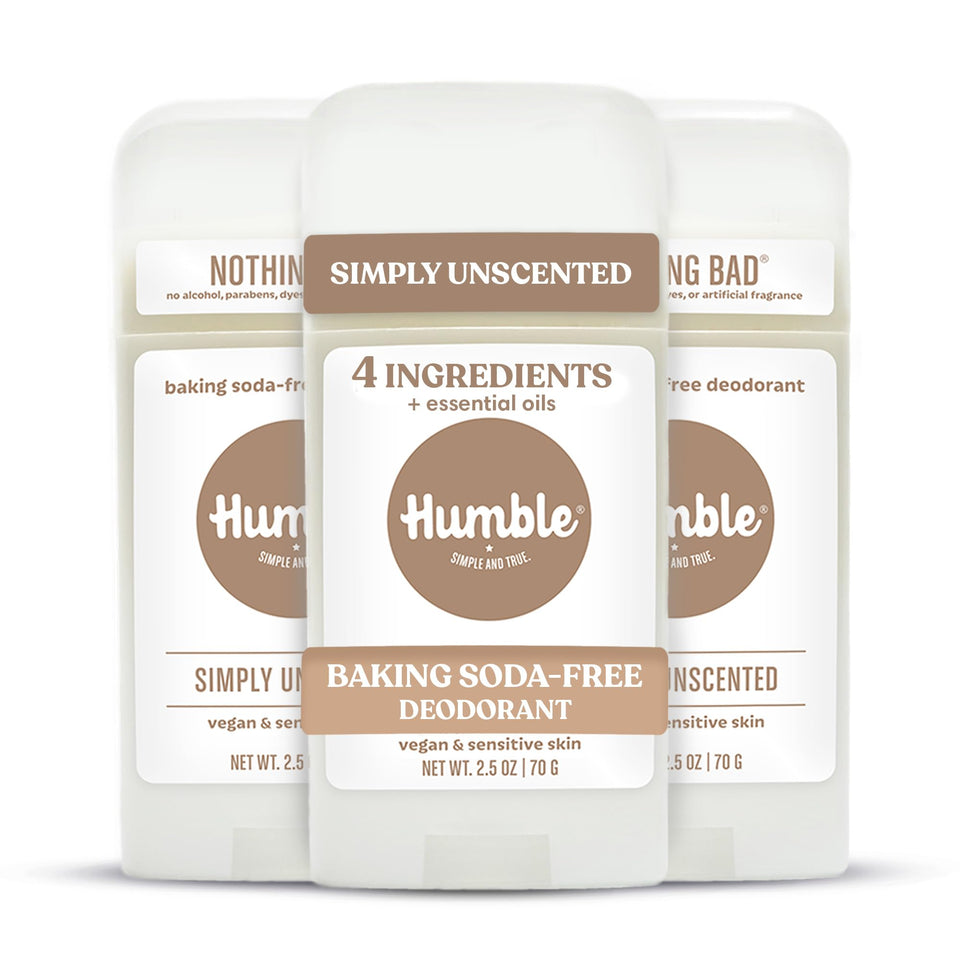 HUMBLE unscented front packaging showing clean deodorant branding and benefits
