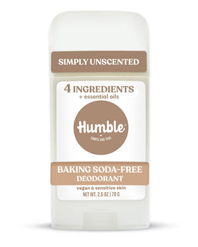 HUMBLE SIMPLE AND TRUE front view of unscented deodorant stick showing clean design and benefit