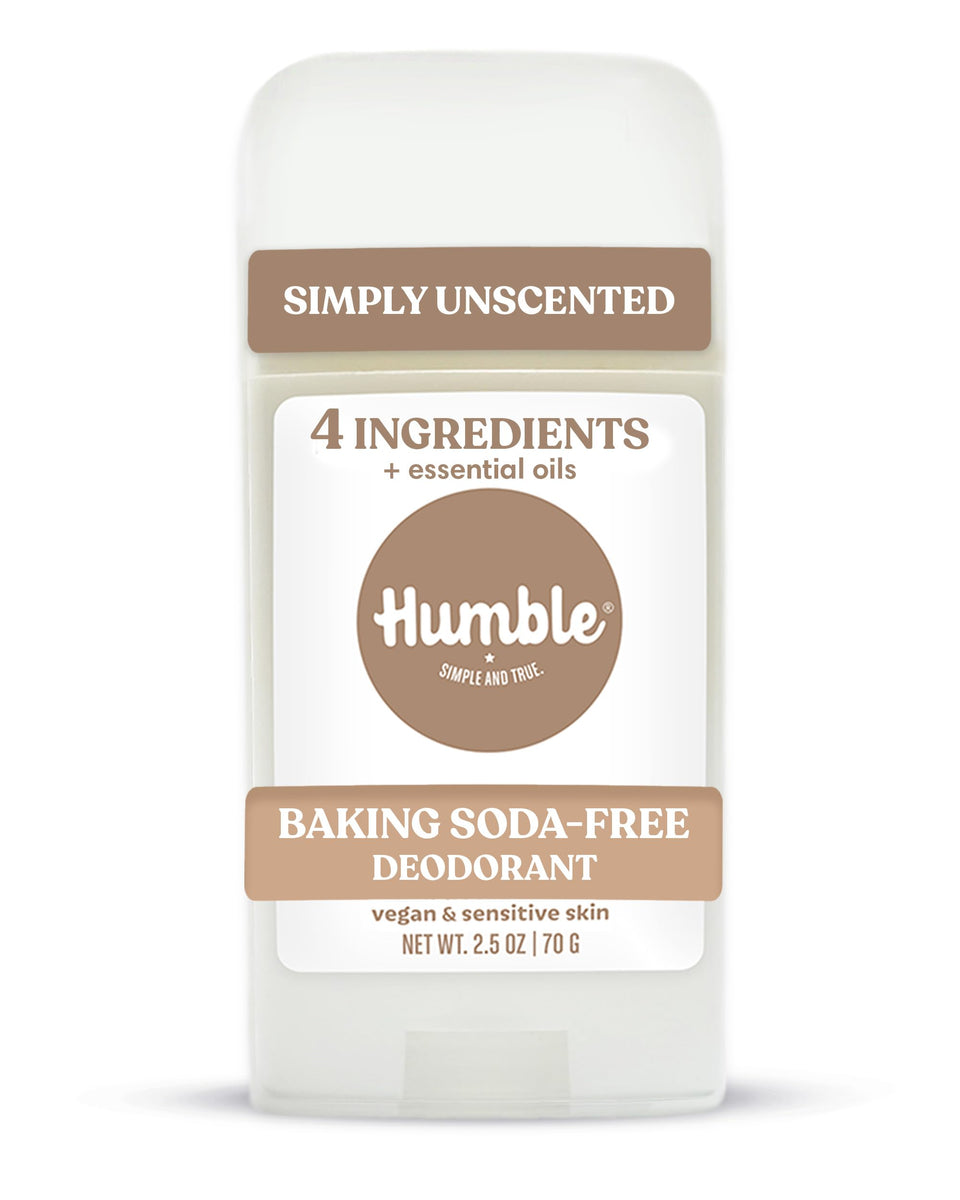 HUMBLE SIMPLE AND TRUE front view of unscented deodorant stick showing clean design and benefit