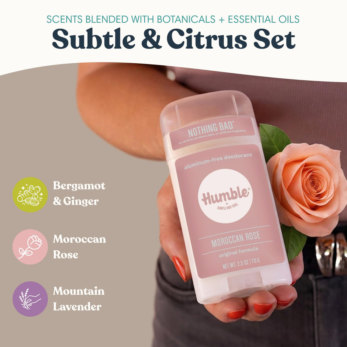 HUMBLE SIMPLE AND TRUE trio lineup showing Bergamot Ginger, Lavender, Moroccan Rose options