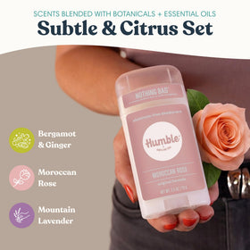 HUMBLE SIMPLE AND TRUE trio lineup showing Bergamot Ginger, Lavender, Moroccan Rose options