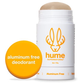 HUME SUPERNATURAL front packaging showing clean-labels and amber woods scent benefit