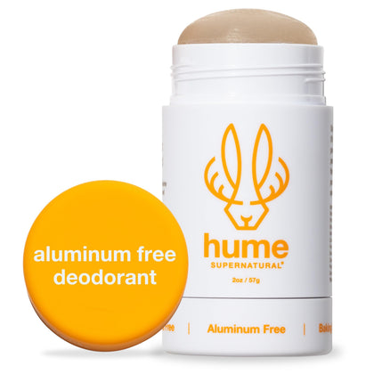 HUME SUPERNATURAL front packaging showing clean-labels and amber woods scent benefit