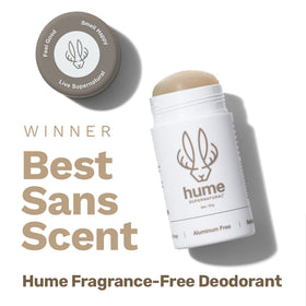 Hume Supernatural label close-up showing ingredient clean badges and dermatologist-tested claim