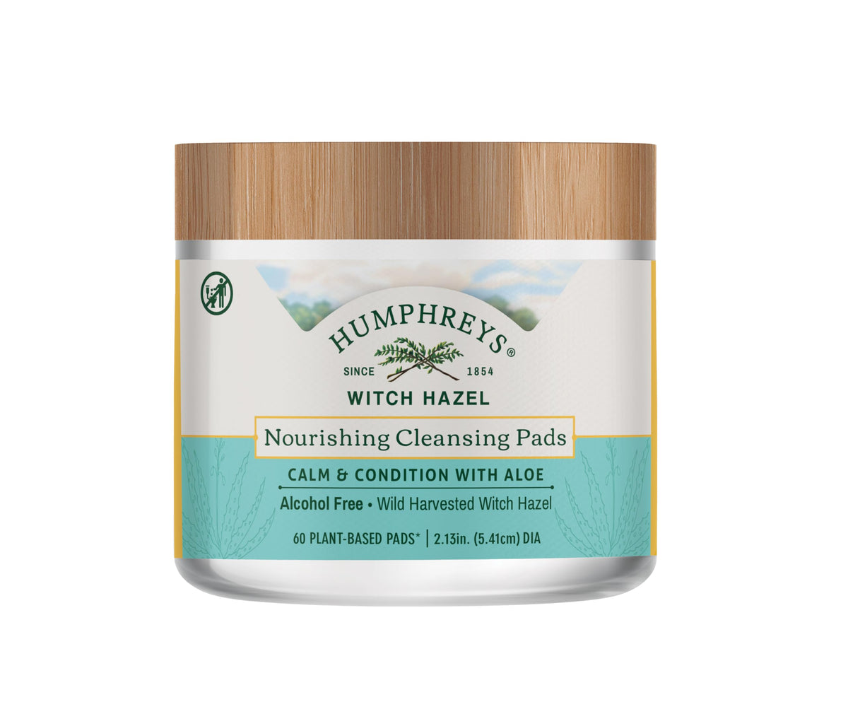 Humphreys front packaging showing 60 nourishing witch hazel pads for gentle cleansing