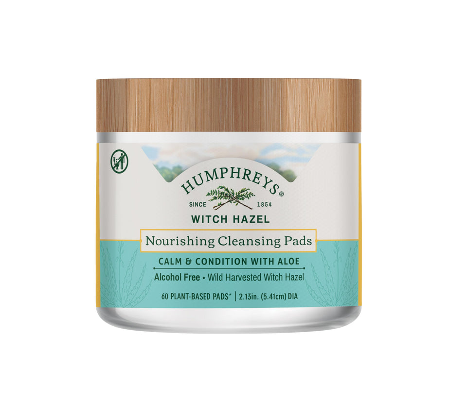 Humphreys front packaging showing 60 nourishing witch hazel pads for gentle cleansing