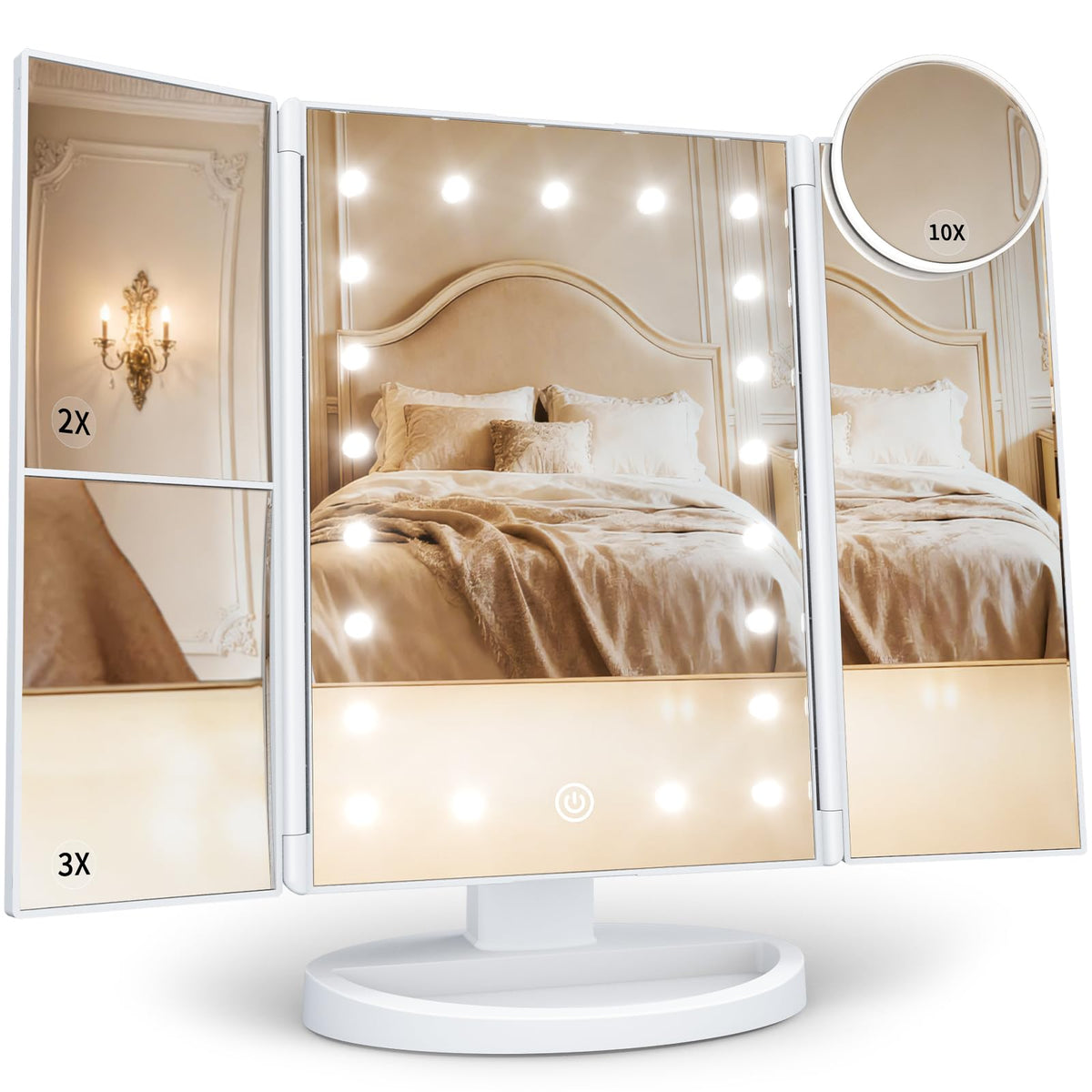 HUONUL front view showing illuminated trifold mirror and balanced lighting