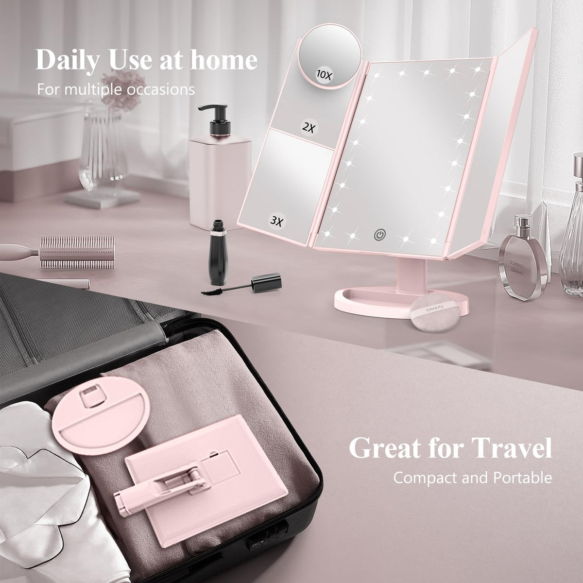 HUONUL folded trifold mirror compact for travel and tidy storage