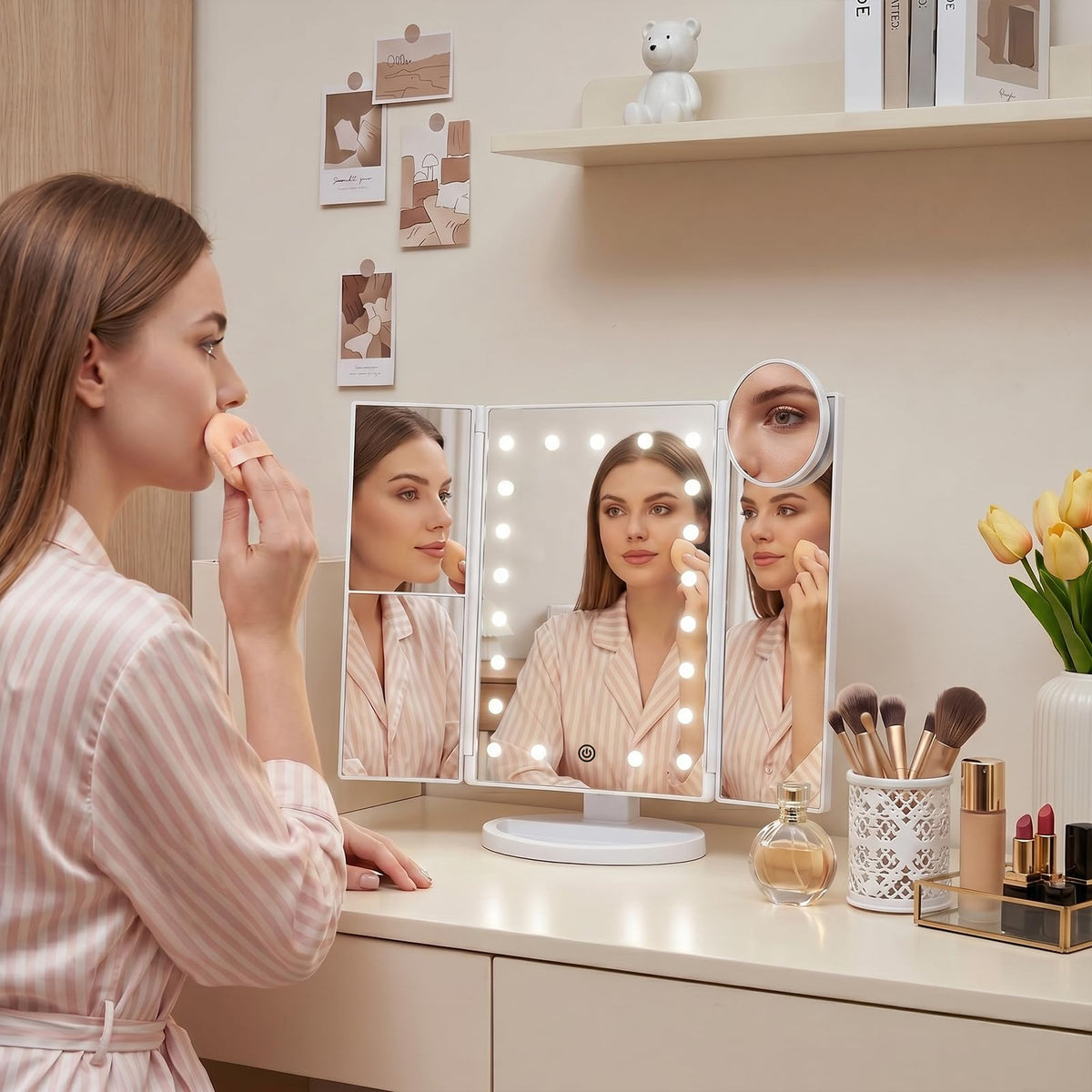 HUONUL trifold open displaying full face and side magnification mirrors