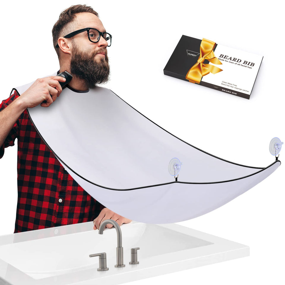 HUPBIPY front view showing full beard bib catching hair and protecting sink