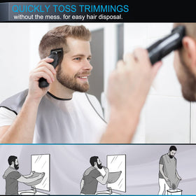 HUPBIPY beard bib worn around neck in front of mirror for tidy grooming