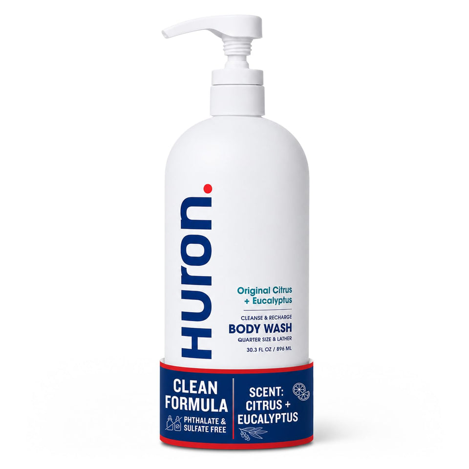 Huron front bottle shot showing clear label and citrus eucalyptus scent benefits