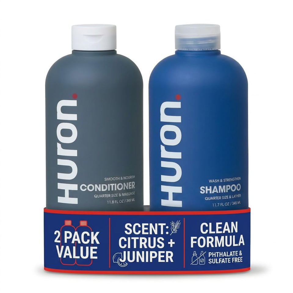 Huron front bottles showing matching shampoo and conditioner for everyday hydration